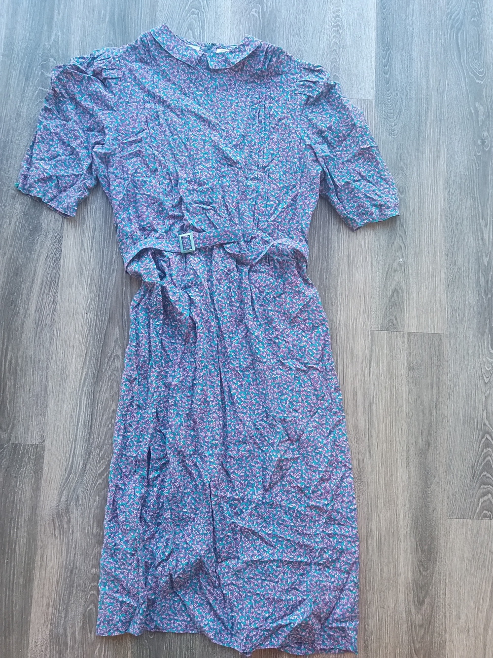 Vintage Women's Floral Purple Midi Dress Collared And Belted